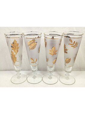 Set Of 4 Glass Champagne Flutes Gold Foliage Design Frosted Elegant Stemware